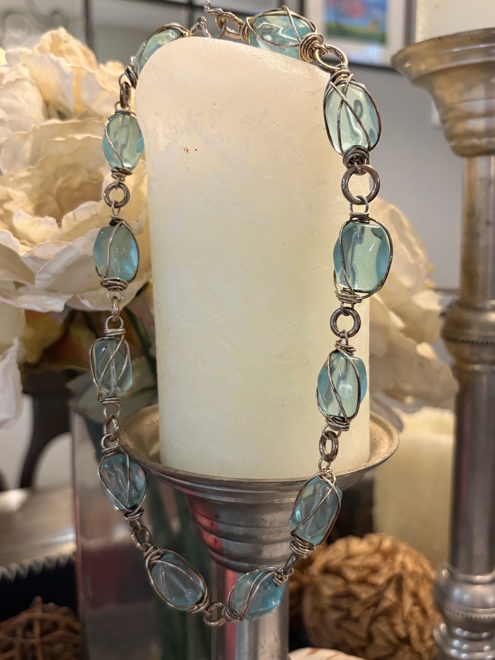 Aquamarine Glass Bead Necklace - Sterling Silver 925 Wire Wrapped